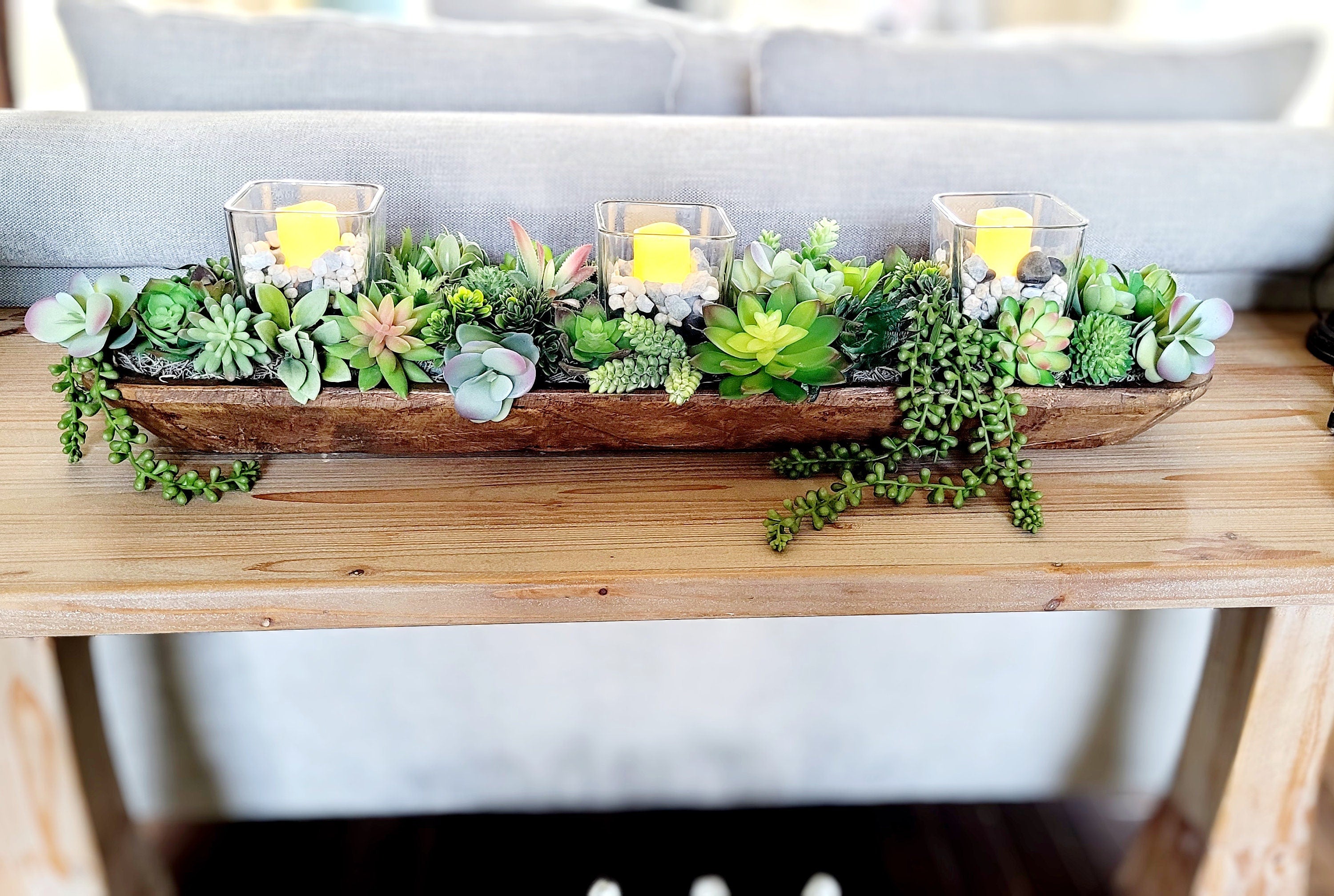 Faux Succulent Centerpiece – Long Wooden Bowl Arrangement for Dining T