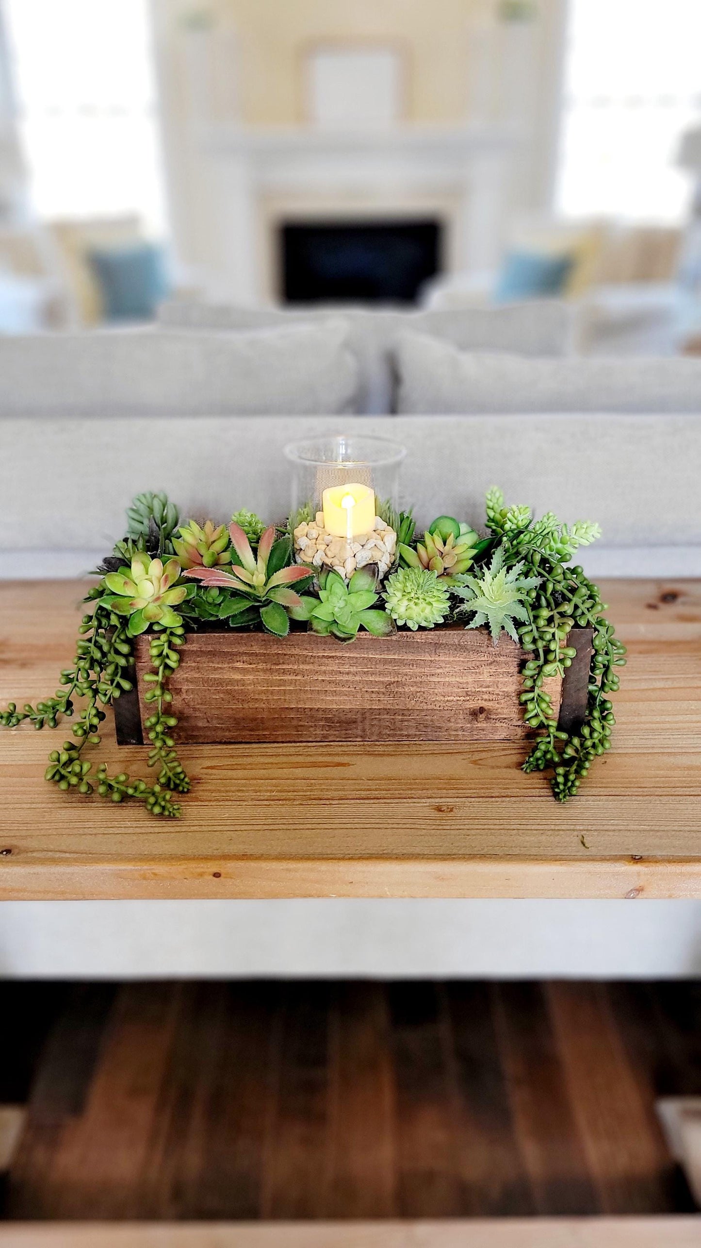 Faux Succulent Centerpiece – Wooden Box Housewarming Gift with Flameless Candle
