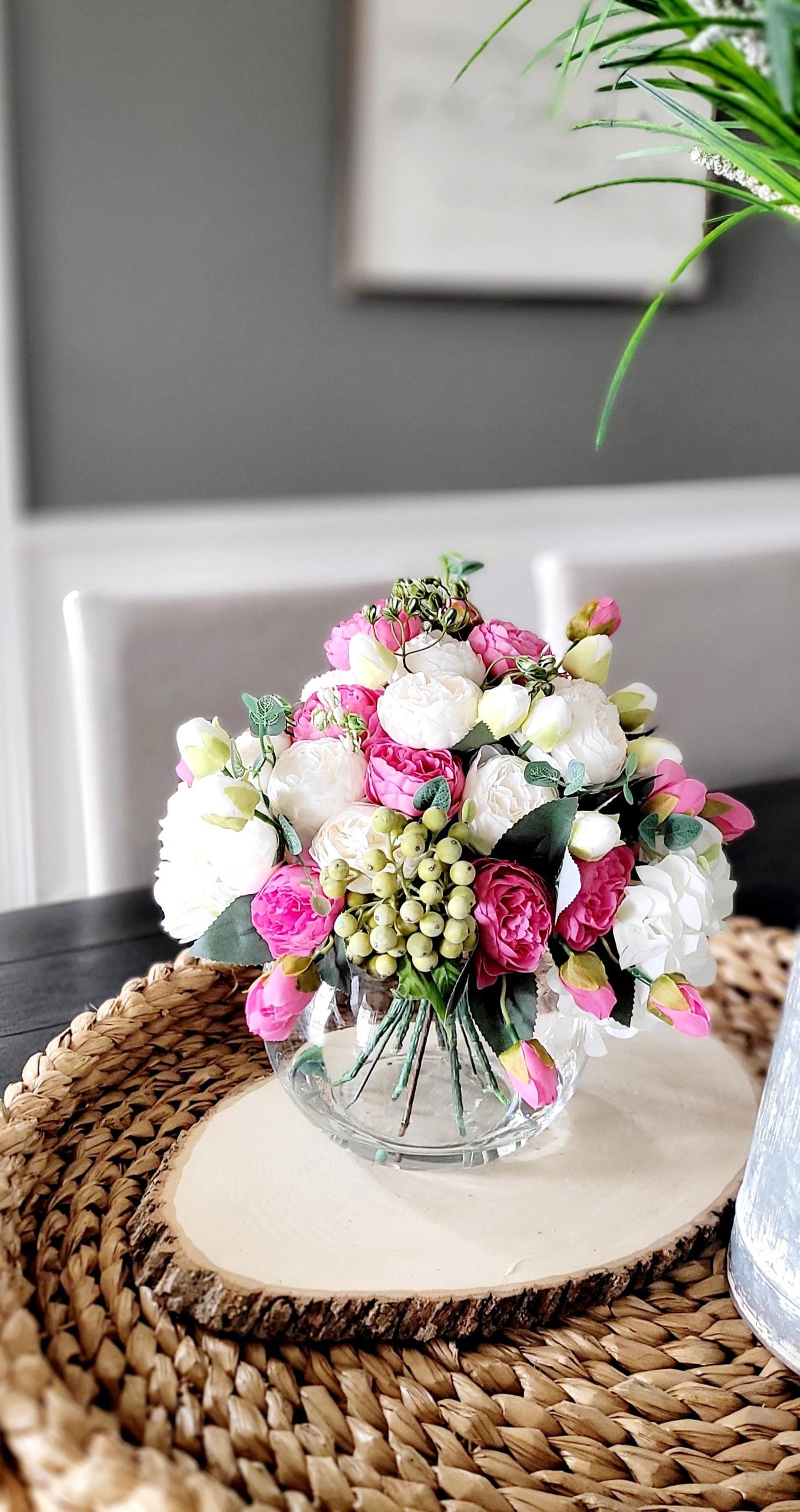 Silk Flower Centerpiece – Blue White Hydrangea Peony Glass Vase