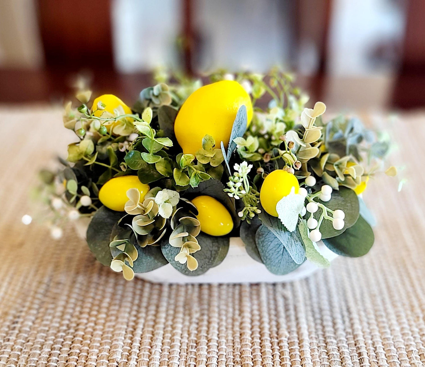 Lemon Centerpiece – Artificial Fruit Arrangement for Bridal Showers in Rustic Wooden Bowl