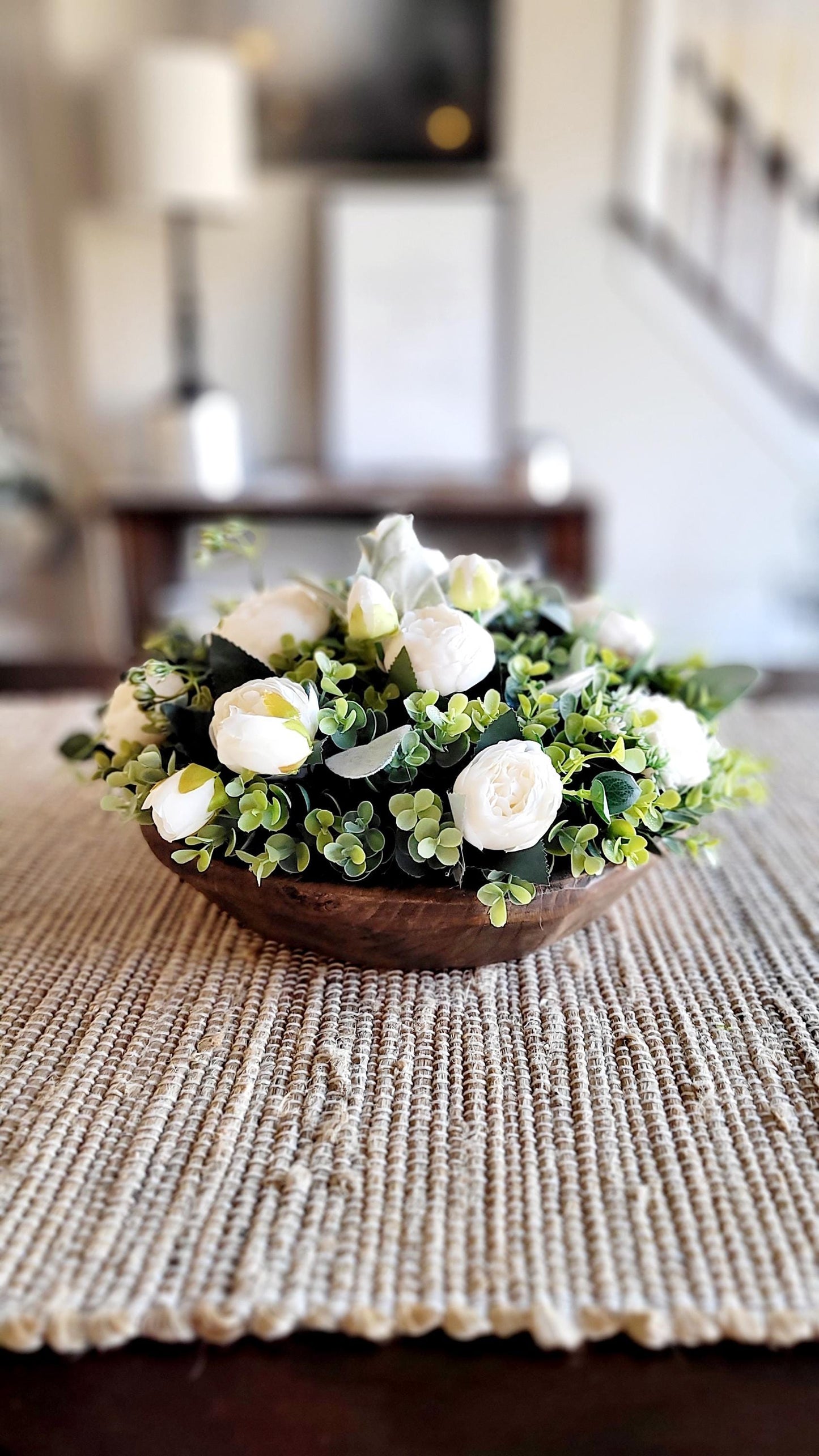 White Floral Centerpiece – Farmhouse Shabby Chic Dining Table Arrangement