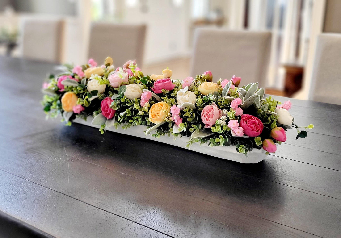 Farmhouse Dough Bowl Centerpiece – Handcarved Wooden Bowl with Peony Arrangement