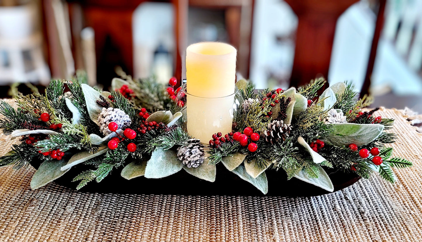 Dough Bowl Christmas Dining Table Centerpiece Candle Centerpiece Hand Carved Dough Bowl Winter Arrangement Pine Floral Arrangement Gift