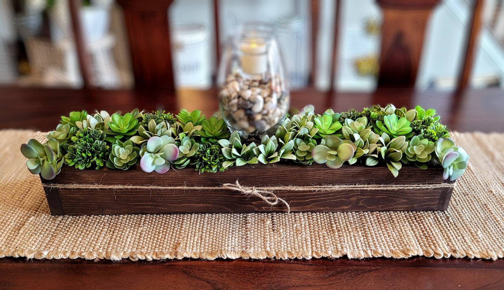succulent table centrepiece Farmhouse Style Long Spring Succulents Table Arrangement in Wood Planter Box