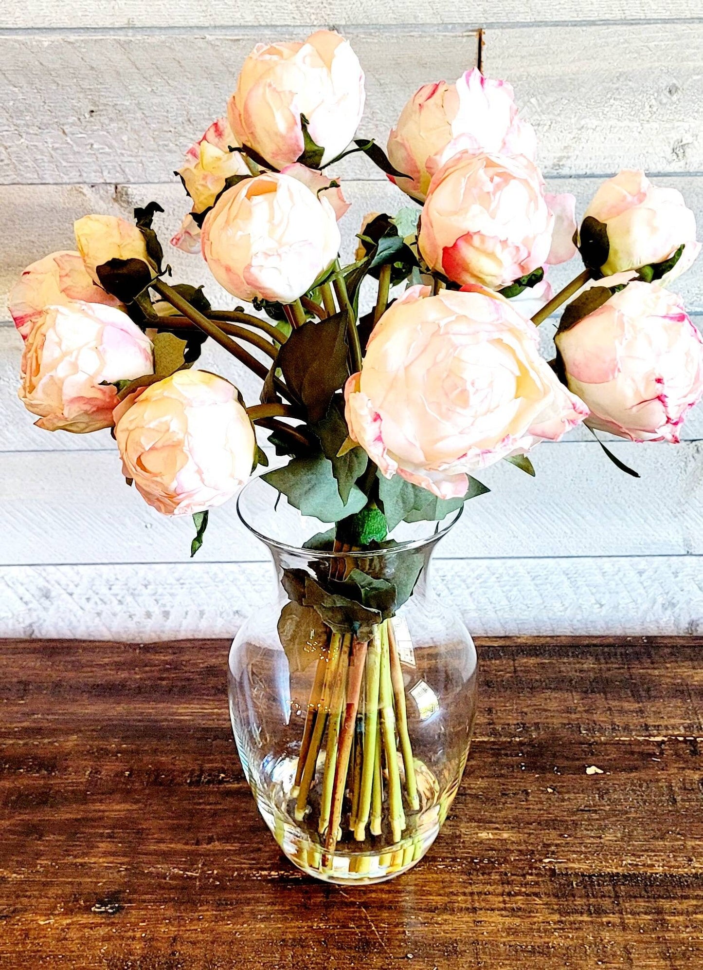 Modern Pink Peony in Clear Glass Vase Floral Arrangement