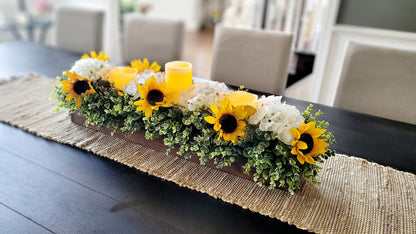 Sunflower Fall Table Arrangement Fall Sunflower Faux White Hydrangea Arrangement Dining Fall Decor Flame-less Candle Fall Table Decor Fall