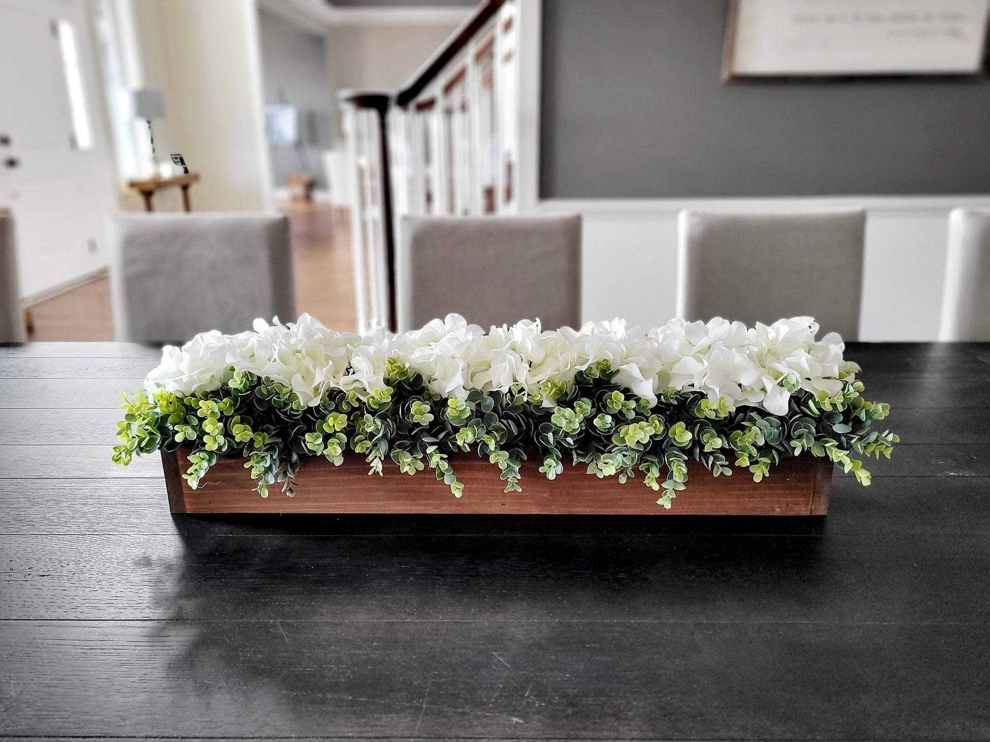 Hydrangea Centerpiece Wooden Box Arrangement Farmhouse Style Decor Neutral Floral Display White Cream Mint Green Flowers Handmade Planter Box Twenty Five Inch Long Table Decoration Mantle Accent Piece Rustic Home Design Country Chic
