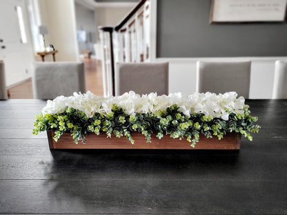 Hydrangea Centerpiece Wooden Box Arrangement Farmhouse Style Decor Neutral Floral Display White Cream Mint Green Flowers Handmade Planter Box Twenty Five Inch Long Table Decoration Mantle Accent Piece Rustic Home Design Country Chic