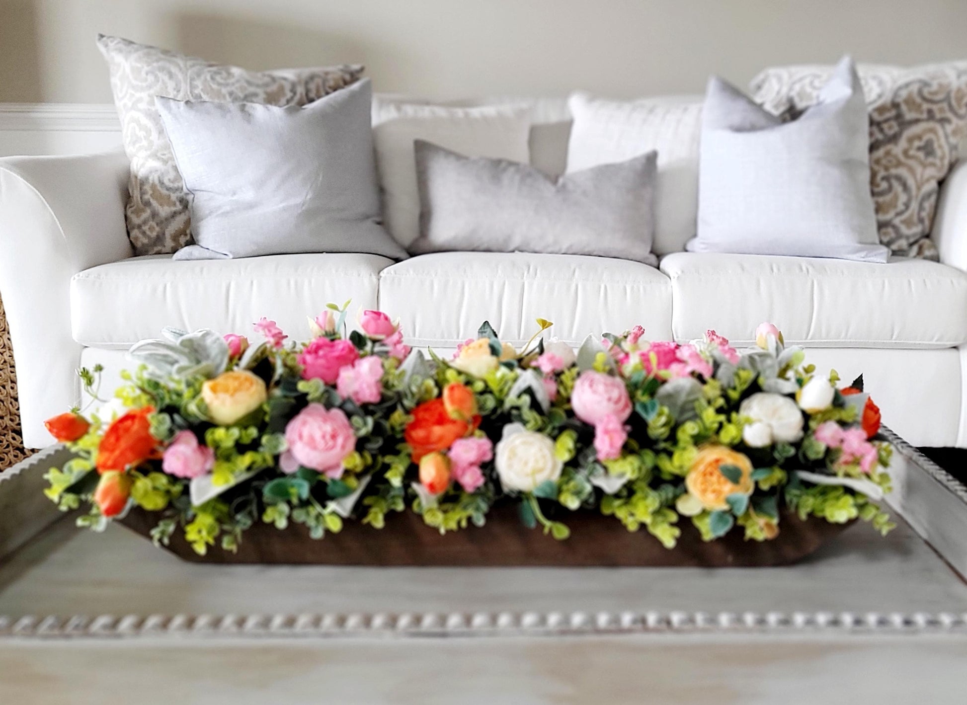 Spring Floral Gift Faux Peony Arrangement Wooden Bowl Centerpiece Beautiful Hostess Present Easter Celebration Decoration Handcrafted Silk Flower Display Colorful Spring Blooms Artificial Greenery Accent Traditional Home Decor Rustic