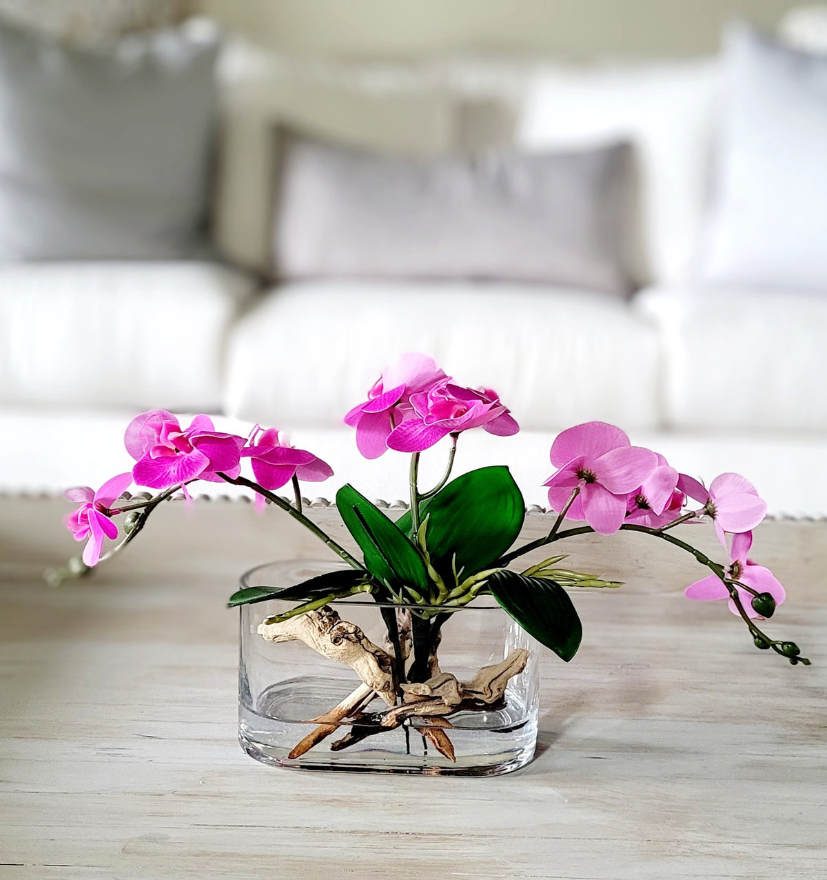 Luxury Centerpiece Collection Artificial Orchid Arrangement Hot Pink Silk Flowers Modern Glass Vase Display French Country Contemporary Styling Dining Table Enhancement Maintenance Free Permanent Floral Design Realistic Faux Water Driftwood
