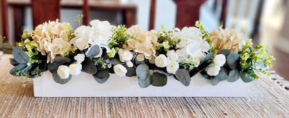 Farmhouse Table Centerpiece – Silk Hydrangea Arrangement in Wooden Box