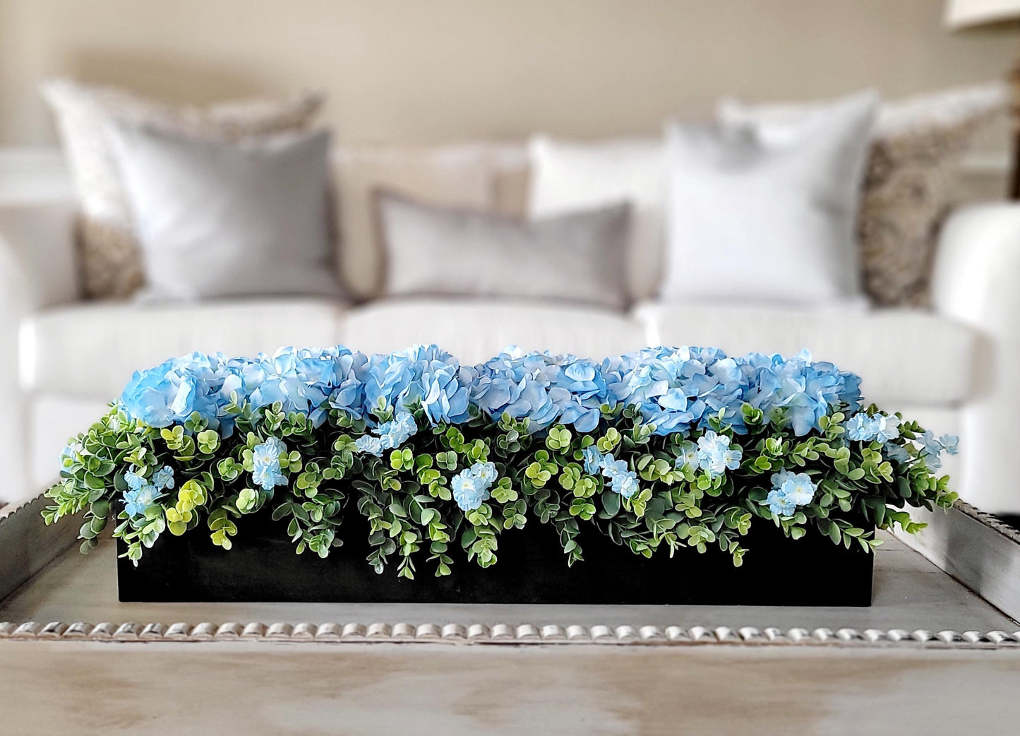 Blue Hydrangea Farmhouse Arrangement Large Dining Room Table Decor Faux Hydrangea Box Arrangement Greenery Arrangement Country Table Decor