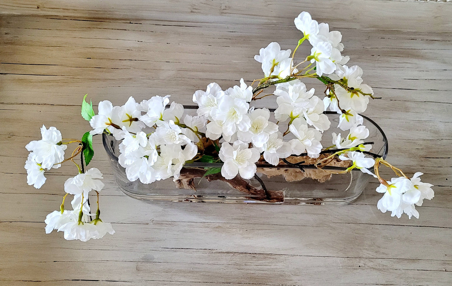 Dining Table Centerpiece – Modern White Orchid with Driftwood in Glass Vase