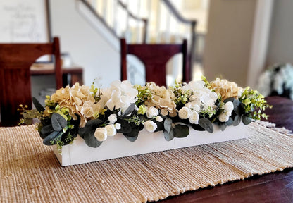 Farmhouse Table Centerpiece Silk Hydrangea Arrangement Rustic Wooden Box Container Dining Room Decoration Artificial Flower Display Realistic Blooms Faux Eucalyptus Greenery Country Home Accent Piece Year Round Beauty Custom Color Options