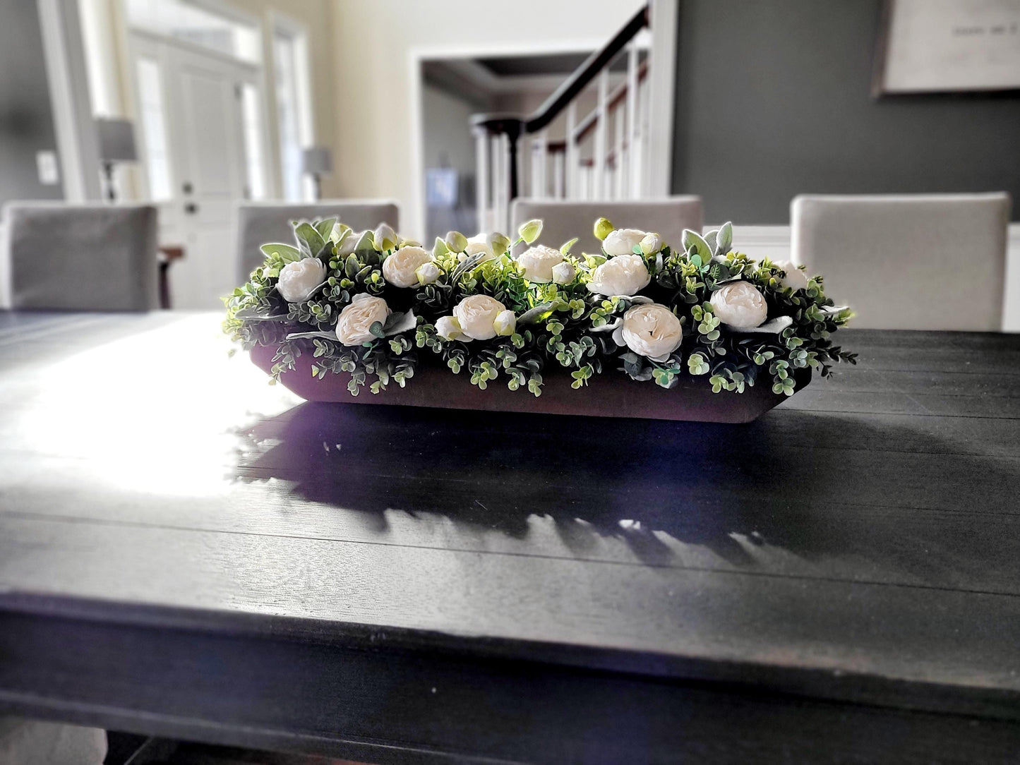 Farmhouse Table Centerpiece – Long Wooden Box with Faux Peonies