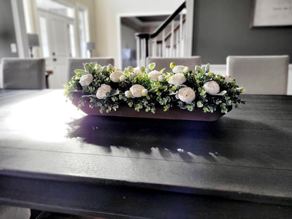 Farmhouse Table Centerpiece – Long Wooden Box with Faux Peonies