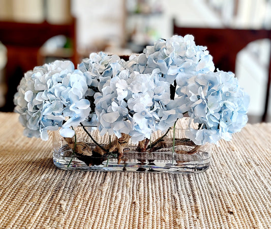 Dining Table Centerpiece Hydrangea Arrangement Elegant Glass Vase French Country Style Artificial Silk Flowers Beautiful Table Decoration Modern Home Decor Realistic Floral Design Stylish Table Accent Year Round Display Multiple Size