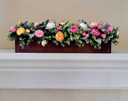 Dining Table Centerpiece – Farmhouse Wood Box with Silk Peonies Spring Kitchen Decor
