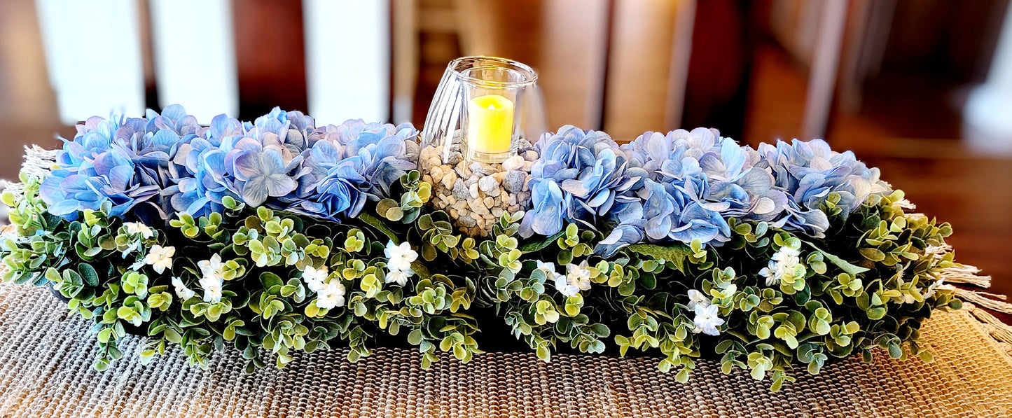 Spring Floral Arrangement Large Dough Bowl Farmhouse Blue Hydrangea Wood Bowl Arrangement Dining Room Farmhouse Centerpiece Flameless Candle