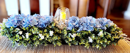 Spring Floral Arrangement Large Dough Bowl Farmhouse Blue Hydrangea Wood Bowl Arrangement Dining Room Farmhouse Centerpiece Flameless Candle