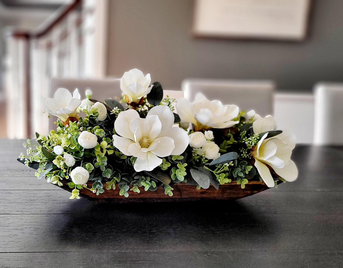 Dough Bowl Centerpiece – Silk Magnolia Arrangement for Elegant Dining Table Decor