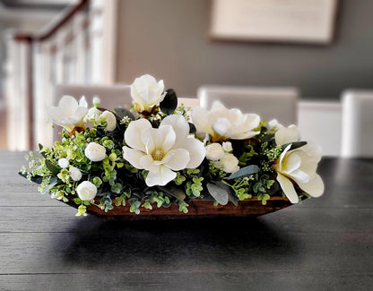 Dough Bowl Centerpiece – Silk Magnolia Arrangement for Elegant Dining Table Decor
