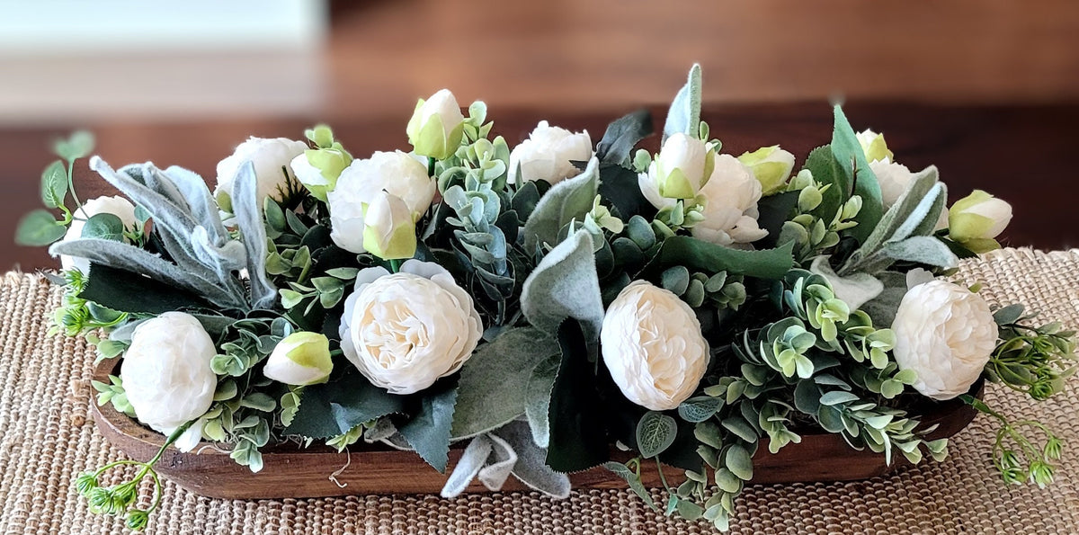 Dough Bowl Centerpiece – Handcarved Wooden Cream Peony Farmhouse Arrangement