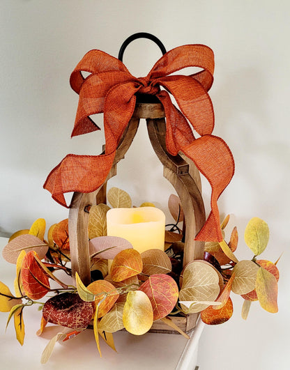 Farmhouse Lantern Decor Fall Decoration Flame-less Candle Decor Lighting Fixture Rustic Lantern Table arrangement Fall Leaves Autumn Wreath