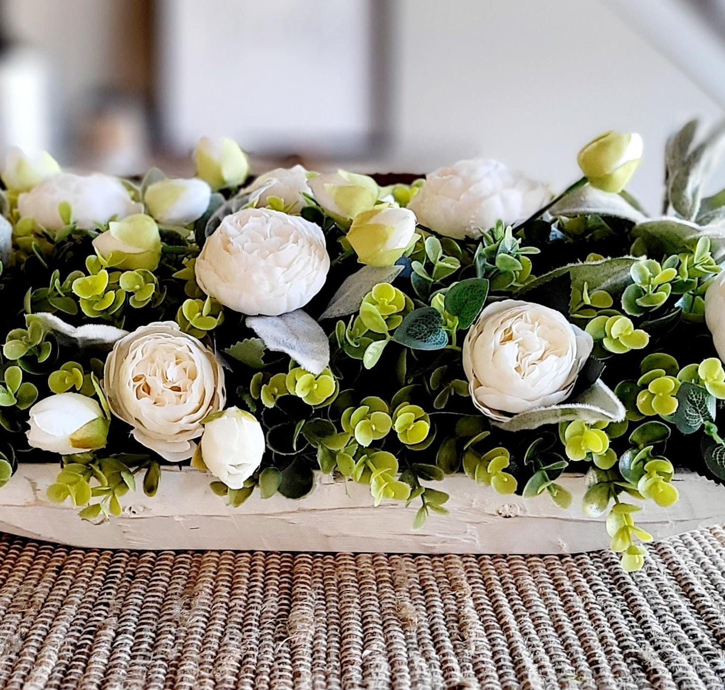 White Flower Arrangement Dining Table Decor Farmhouse Style Centerpiece Long Dough Bowl Container Faux Floral Display Artificial Peonies Roses Design Shabby Chic Aesthetic Six Inches Wide Twenty Inches Long Ten Inches High Perfect Table