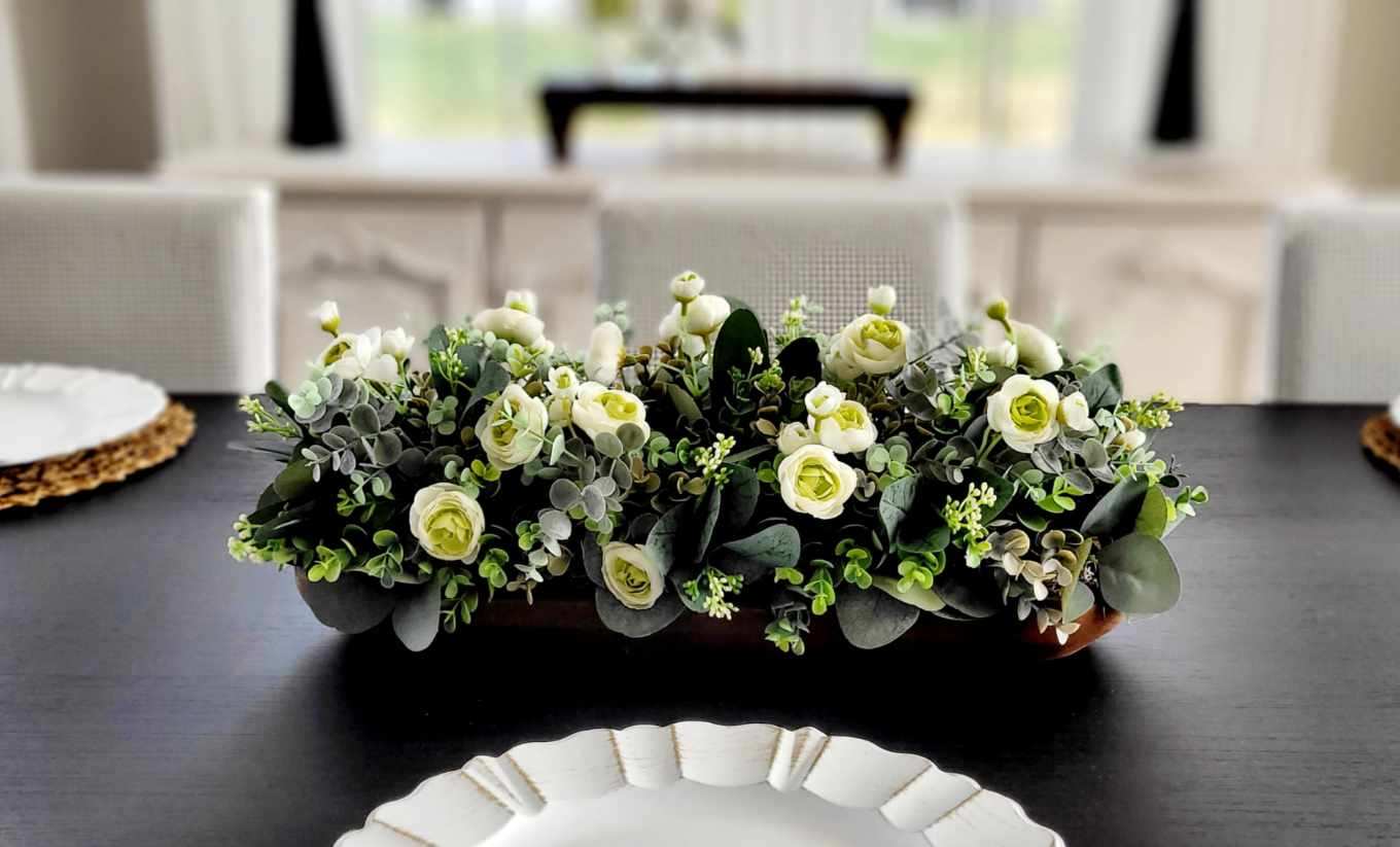 Farmhouse Centerpiece – Dough Bowl with Faux Ranunculus and Eucalyptus Rustic Dining Table Decor