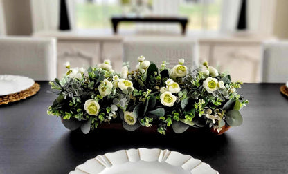 Farmhouse Centerpiece – Dough Bowl with Faux Ranunculus and Eucalyptus Rustic Dining Table Decor