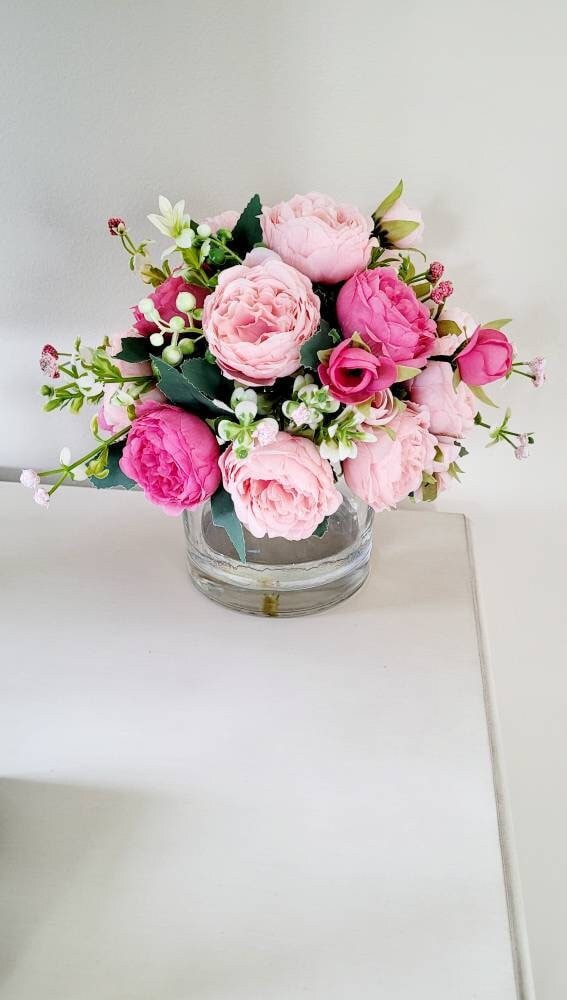 Artificial Peony Arrangement – Pink Glass Vase Centerpiece with Realistic Water Effect