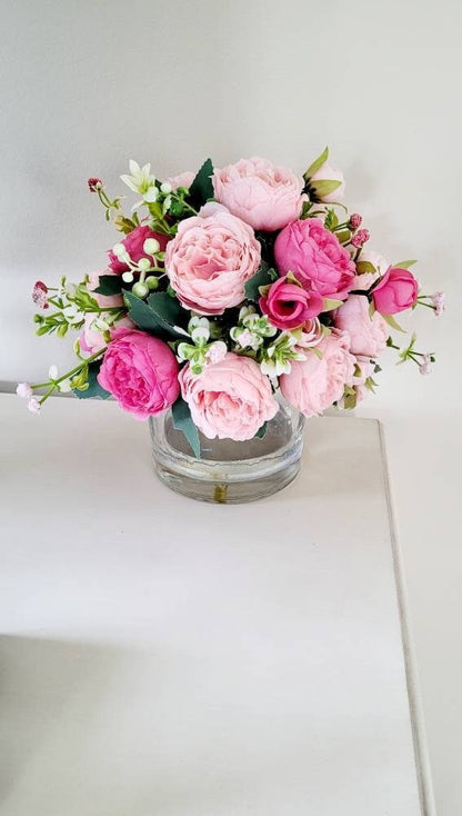 Artificial Peony Arrangement – Pink Glass Vase Centerpiece with Realistic Water Effect