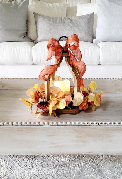 Farmhouse Lantern Decor Fall Decoration Flame-less Candle Decor Lighting Fixture Rustic Lantern Table arrangement Fall Leaves Autumn Wreath
