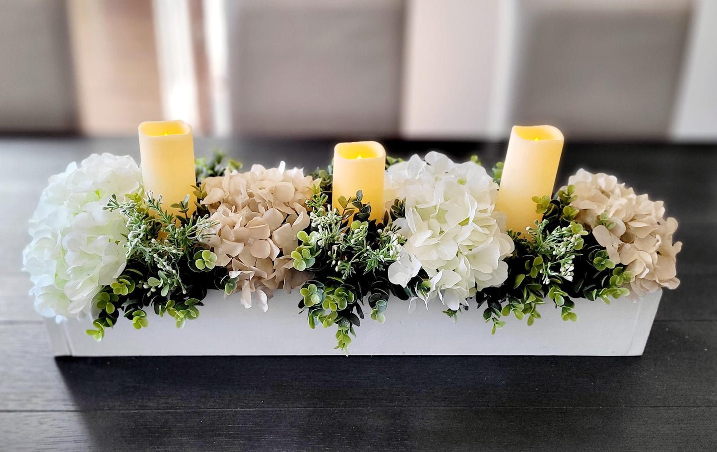 Dining Table Centerpiece – Neutral Floral Arrangement with Faux Hydrangeas