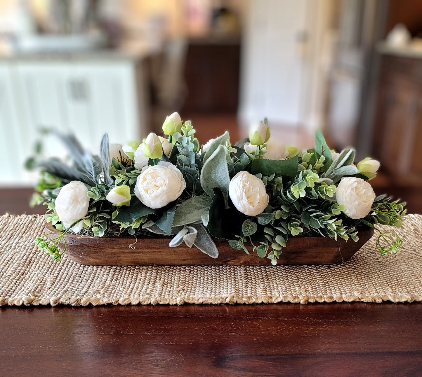 Dough Bowl Farmhouse Arrangement Dining Table Peony Arrangement Hand-Carved Dough Bowl Table Arrangement Dough Bowl Centerpiece Peony Flower