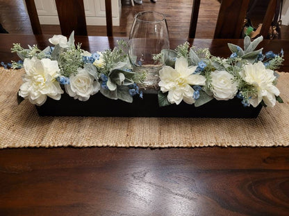 Farmhouse style long 25” Spring table arrangement in wood planter box candle centerpiece in wood box mantle centerpiece wood planter box