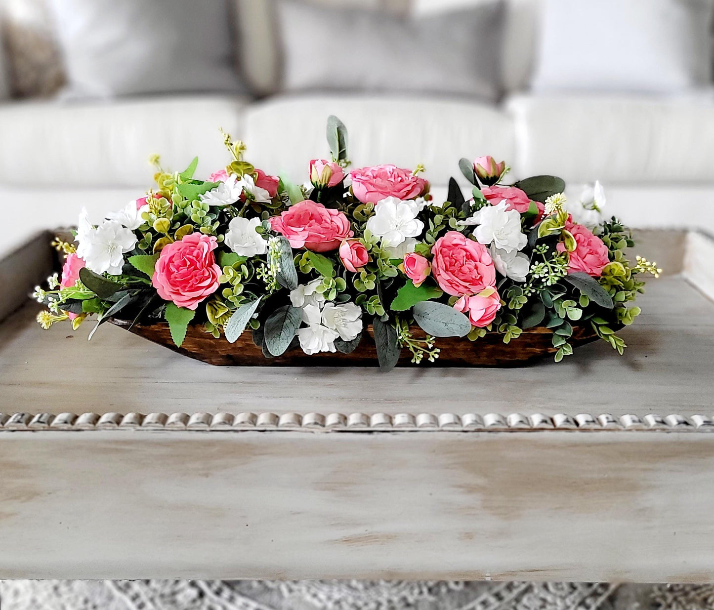 Dough Bowl Pink Peony Flower centerpiece farmhouse kitchen table decor pink rose arrangement gift Mom gift her floral gift her faux peony