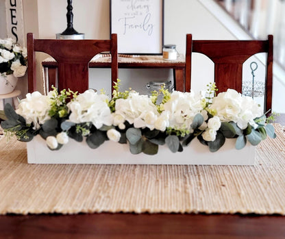 Housewarming Gift Idea Farmhouse Table Centerpiece White Hydrangea Arrangement Wooden Container Design Rustic Dining Decor Artificial Silk Flowers Realistic Looking Blooms Perfect Kitchen Table Decoration Elegant Home Accent Beautiful