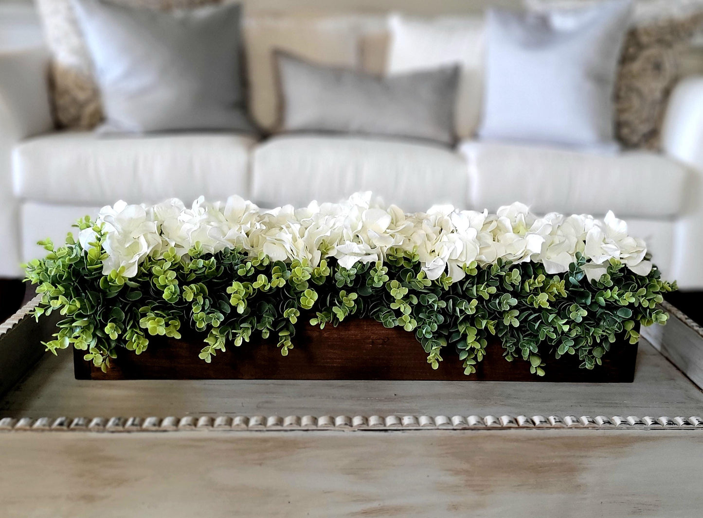 Hydrangea Centerpiece – Farmhouse Style Wooden Box Arrangement