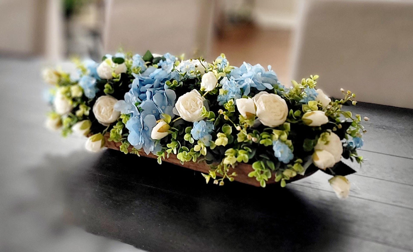 Blue Flower Centerpiece – Silk Hydrangea and Peony Arrangement in Rustic Dough Bowl