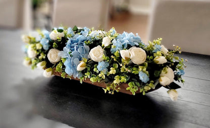 Blue Flower Centerpiece – Silk Hydrangea and Peony Arrangement in Rustic Dough Bowl