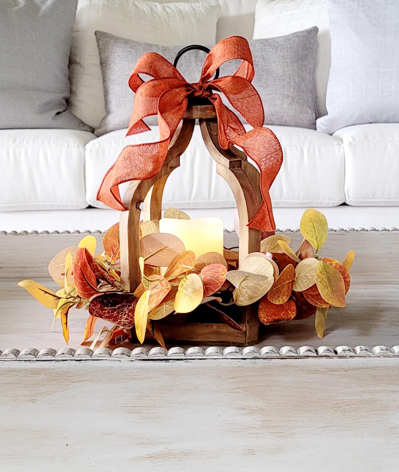 Farmhouse Lantern Decor Fall Decoration Flame-less Candle Decor Lighting Fixture Rustic Lantern Table arrangement Fall Leaves Autumn Wreath