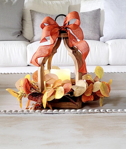 Farmhouse Lantern Decor Fall Decoration Flame-less Candle Decor Lighting Fixture Rustic Lantern Table arrangement Fall Leaves Autumn Wreath