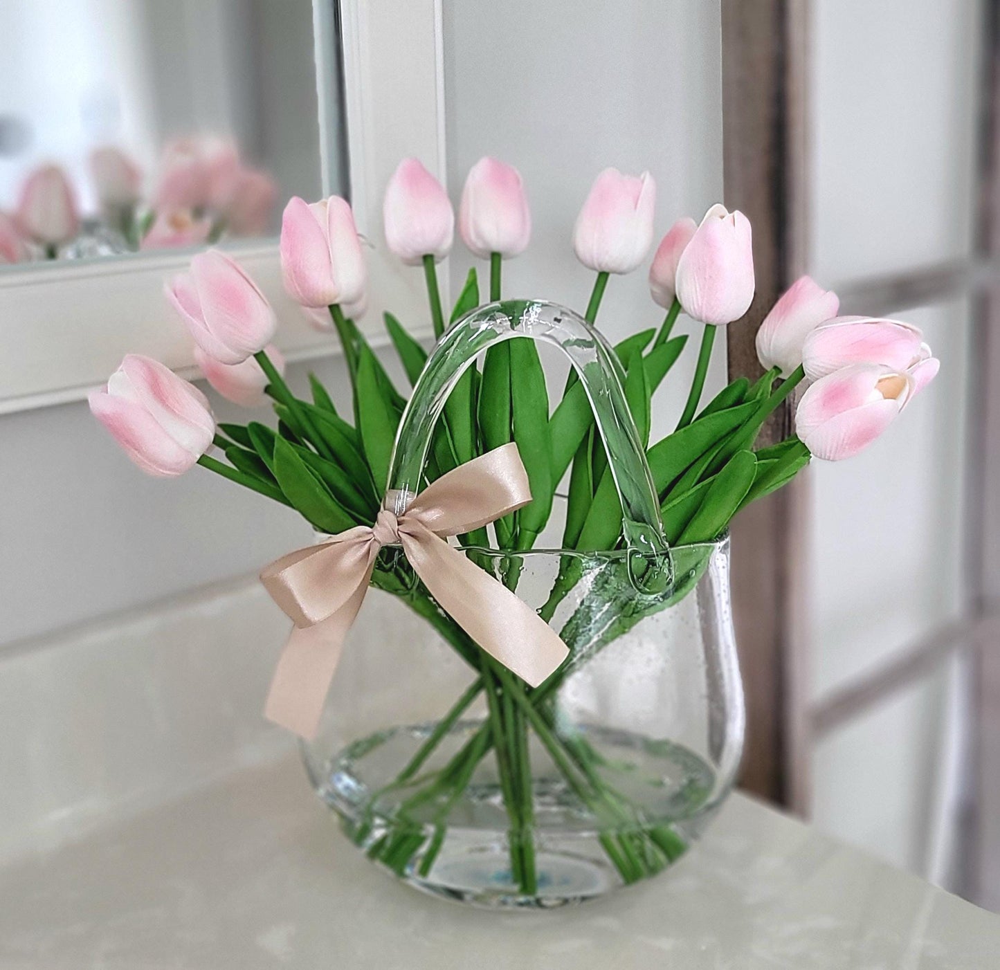Peony arrangement glass vase arrangement easter arrangement gift new home gift table decor Pink peony basket arrangement spring decoration