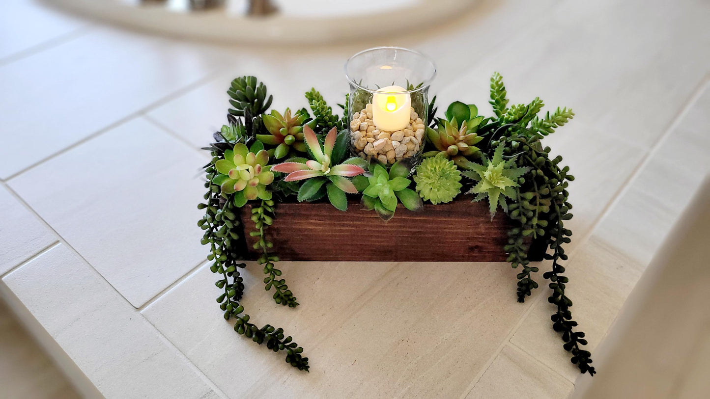 Farmhouse style long 25” Spring table arrangement in wood planter box Spring succulents in wood box mantle box Succulents arrangement