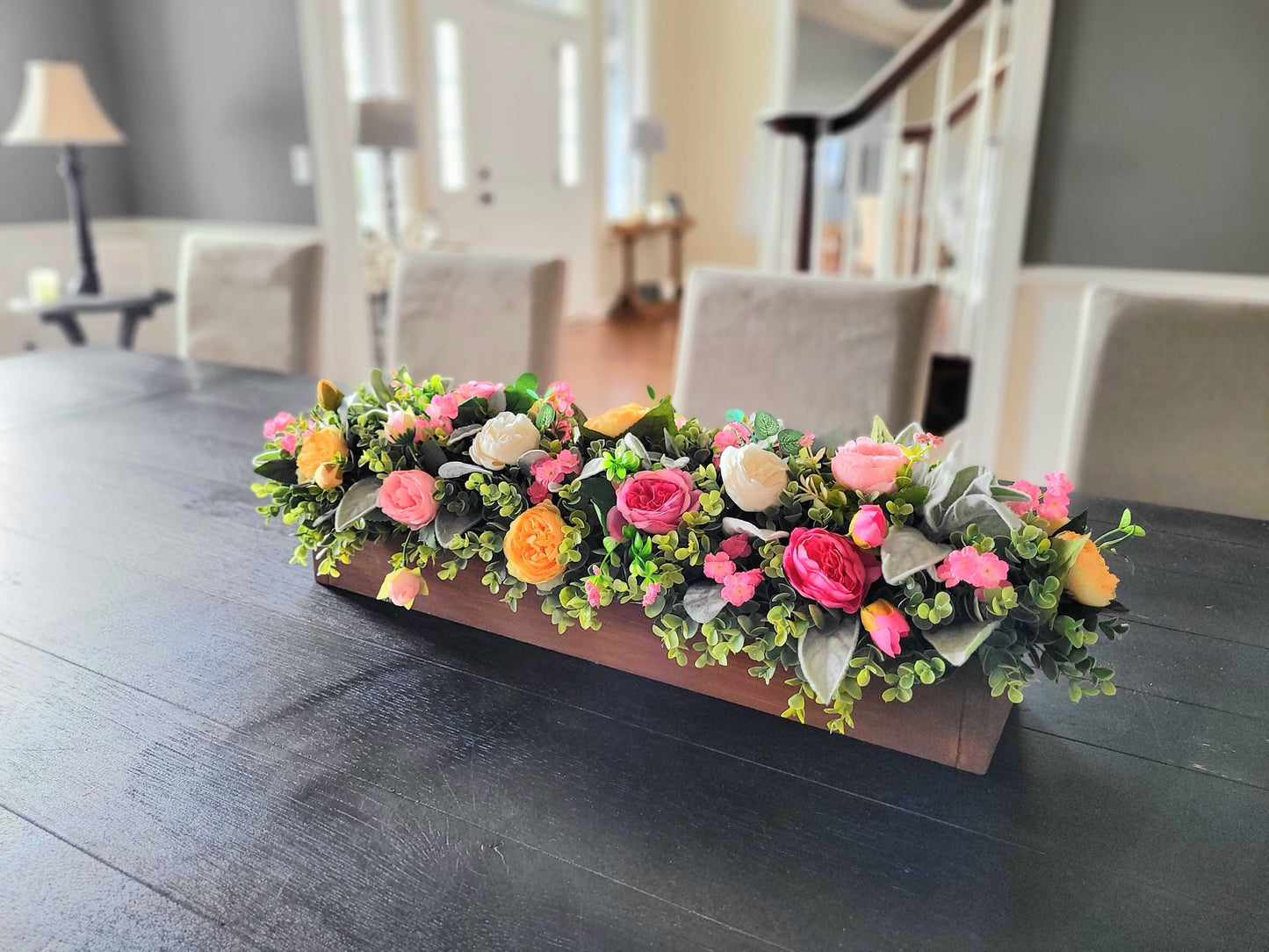 Table Decoration Centerpiece Farmhouse Wood Design Silk Peony Arrangement Spring Kitchen Accent Rustic Home Decor Artificial Flower Display Beautiful Dining Setting Seasonal Table Styling Handcrafted Wood Container Long Box Design Country