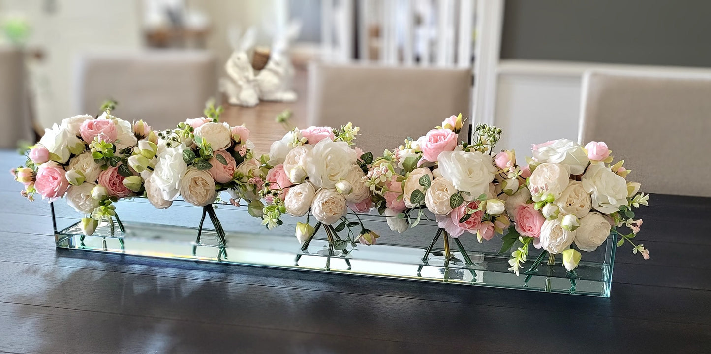 Silk Flower Arrangement Clear Glass Modern Dining Table Centerpiece Bridal Arrangement Long Rectangular Vase Real Touch Roses Flower Peony