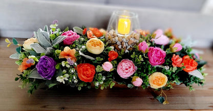 Handcrafted Centerpiece Silk Peony Dough Bowl Arrangement Coffee Table Display Bright Artificial Flower Styling Rustic Farmhouse Living Room Accent Maintenance Free Colorful Home Piece Mantel Ready Year Round Table Display Perfect Custom