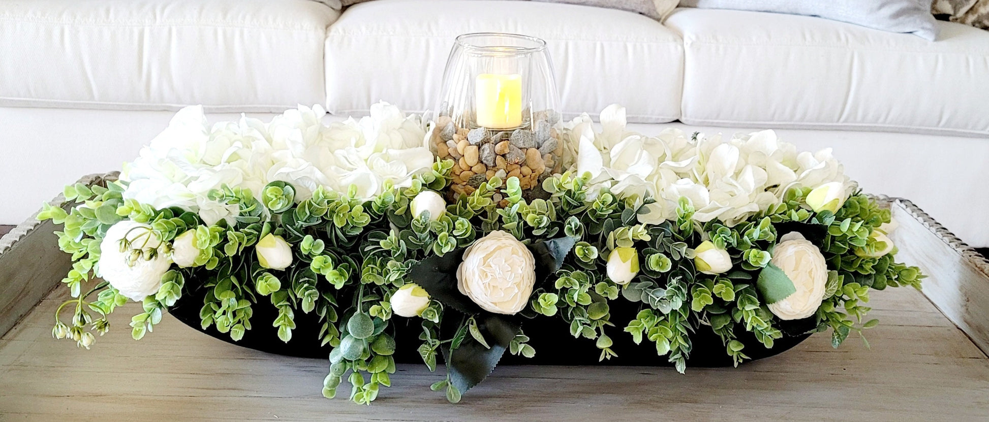 Farmhouse Table Centerpiece Dough Bowl Arrangement Faux Hydrangea Collection Artificial Flower Display Year Round Decoration Versatile Home Accent Rustic Wood Design Custom Stained Bowl Beautiful White Blooms Green Foliage Texture Elegant